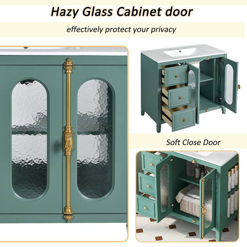 36" Single Sink Bathroom Vanity, Translucent Patterned Glass Doors Bathroom Storage Cabinet with 3 Drawers