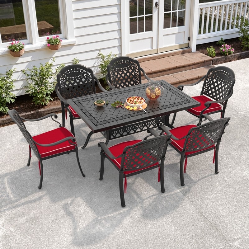 5/7-Piece Cast Aluminum Outdoor Dining Set with 59.06'' L X 35.43'' W Rectangular Table and Seat Cushions - Black( 7-Piece Sets-B)