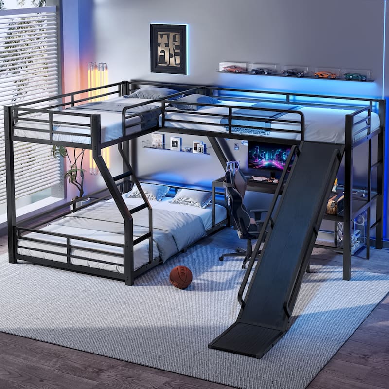 L-Shaped Twin over Full Bunk Bed with Twin Size Loft Bed, Metal Triple Bunk Bed with Slide and USB Ports, Space-saving