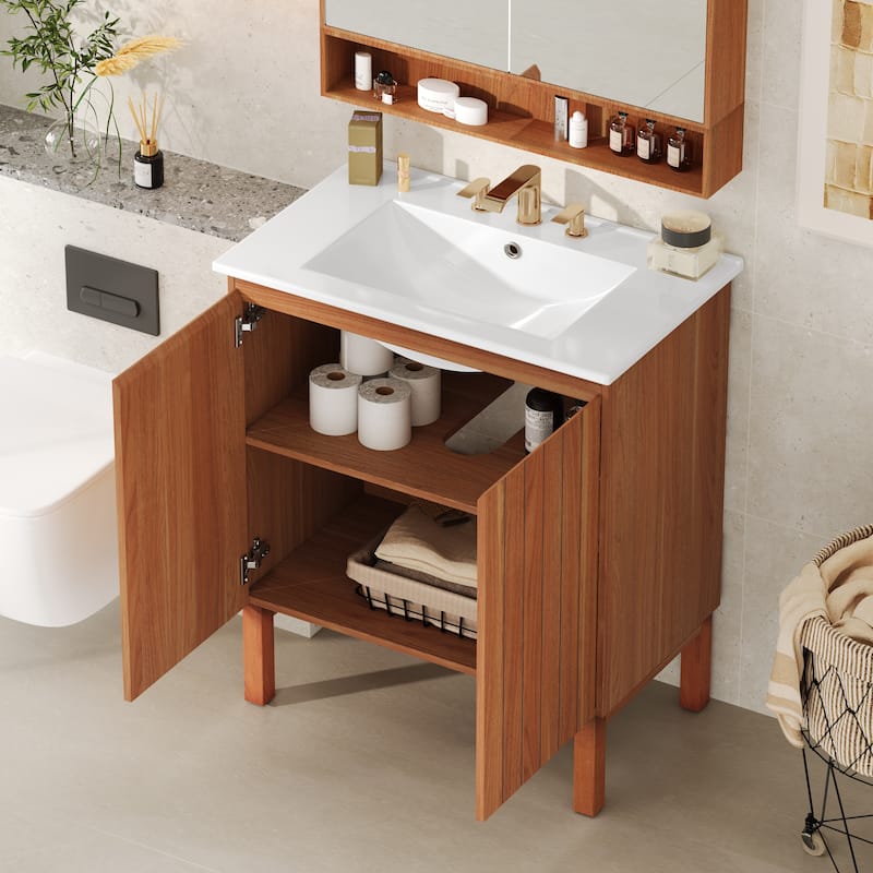 Roomfitters 30" Modern Bathroom Vanity with Ceramic Sink, Minimalist Cabinet with Vertical Stripe Design, Antique Natural
