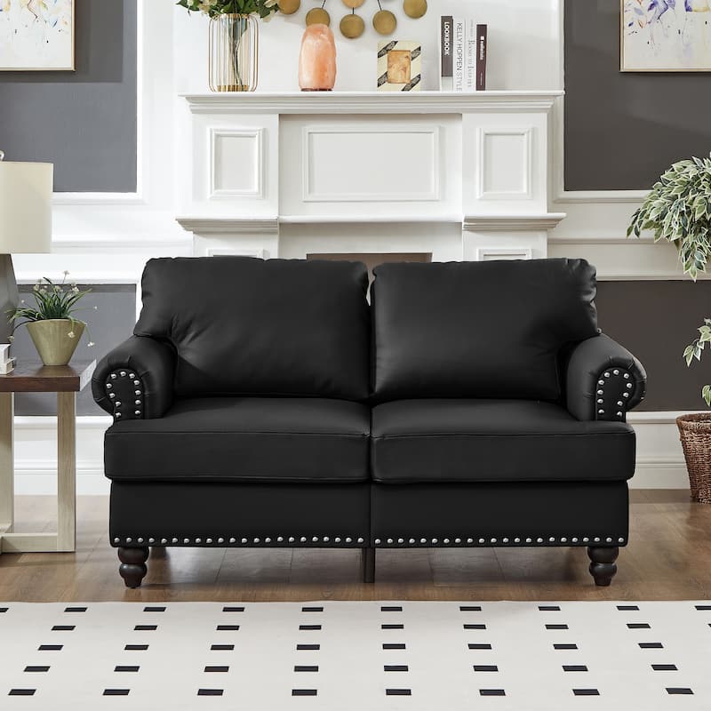 Roomfitters 59.5" Modern Classic Loveseat with Nailhead Trim, Upholstered Faux Leather Couch for Living Room