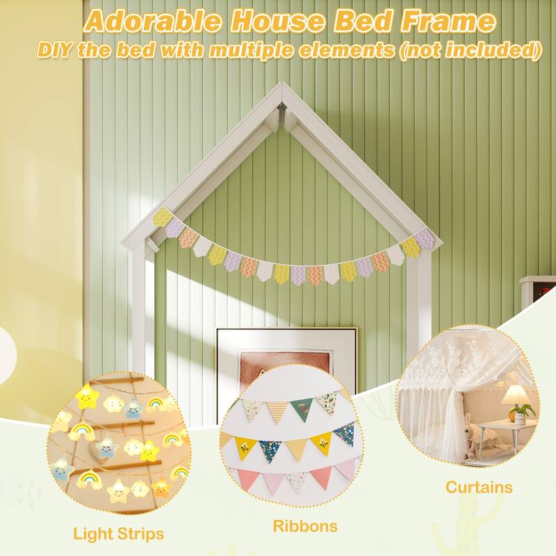 Twin Size Wooden Montessori Floor Bed with House Shape Frame and Semi-Fence Railings for Kids Room