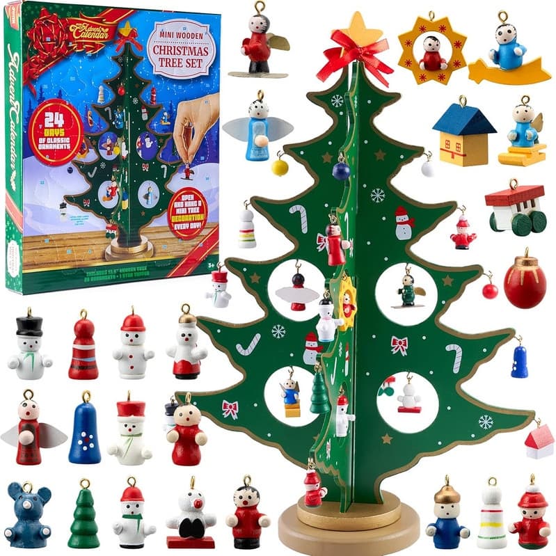 Joyfy 24 Days Countdown Advent Calendar, Tabletop Wooden Christmas Tree and 28 Ornaments - Multicolor