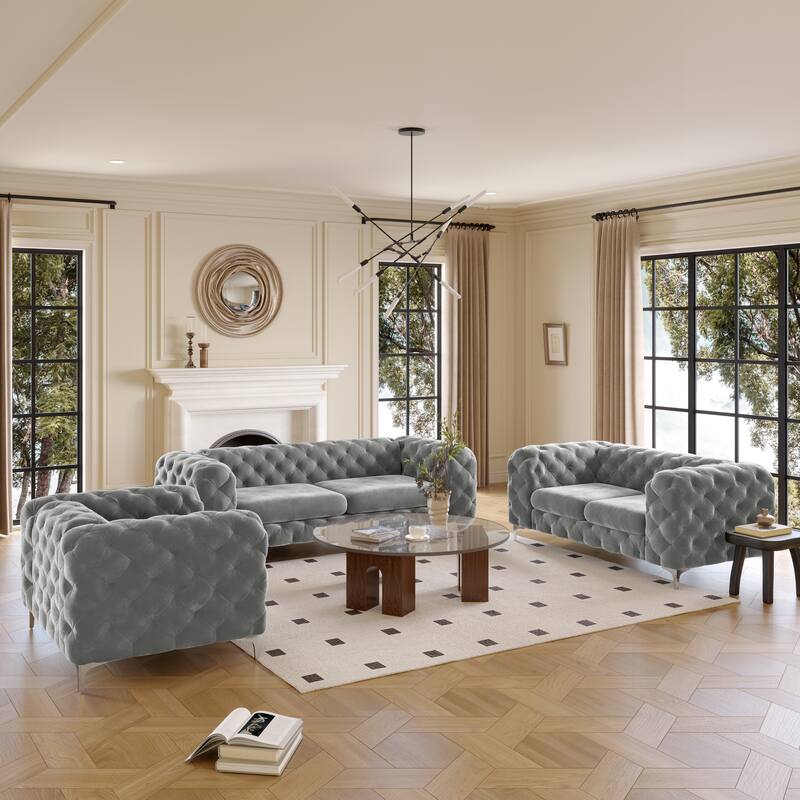 Corvus Aosta Tufted Velvet Loveseat and Sofa Living Room Chesterfield Set - Grey