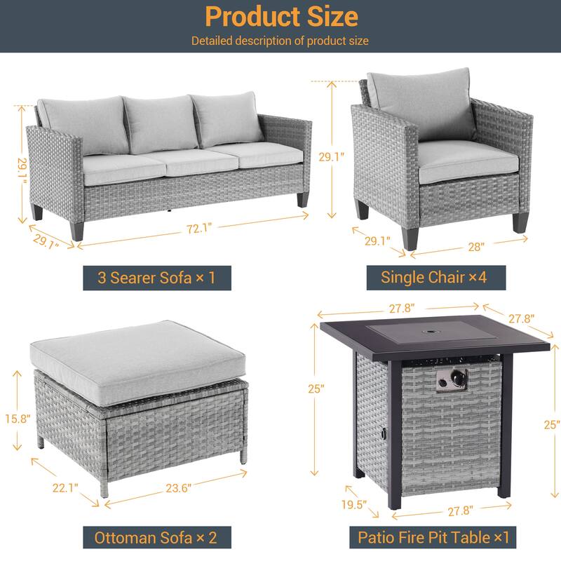 Livoosun 8 Pieces Patio Sofa with 28'' Fire Table Set, PE Wicker, Wide Armrests High Back Sofa Chair Design for Lawn, Patio