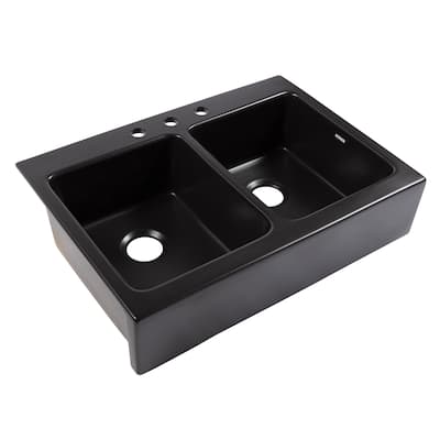 Parker Matte Black Fireclay 34" Double Bowl Quick-Fit Farmhouse Apron Front Drop-in Kitchen Sink and Drains