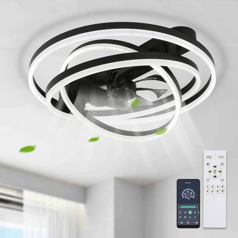 Cusp Barn 24 Inch Low Profile DIY Shape Ceiling Fan with Lights, Flush Mount Silent DC Motor Fandelier, Dimmable LED Lighting - Black