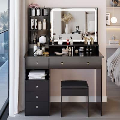 Large Size Left Drawer Desktop Vanity Table+Cushioned Stool,Extra Large Touch Control LED Mirror,3-color Switch,Multi Layer
