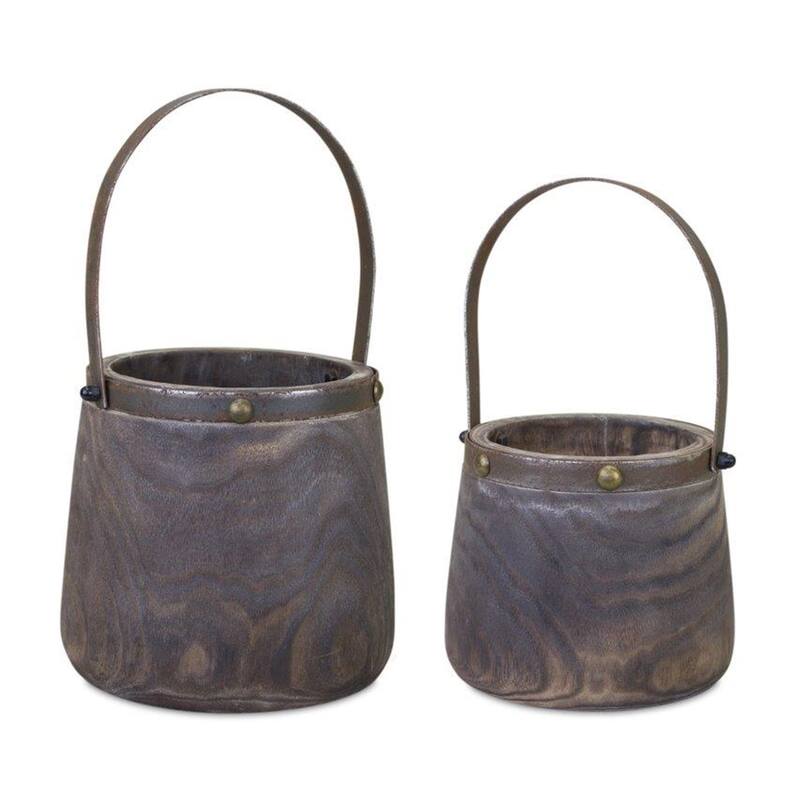 HomeRoots Set of Two Brown Wood And Steel Bucket Pot Planters - 9.00 in. x 14.00 in. x 9.00 in.
