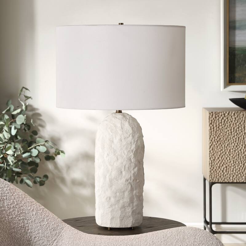 Sandstone Table Lamp with Round Shade - 27.5" - White and Brass