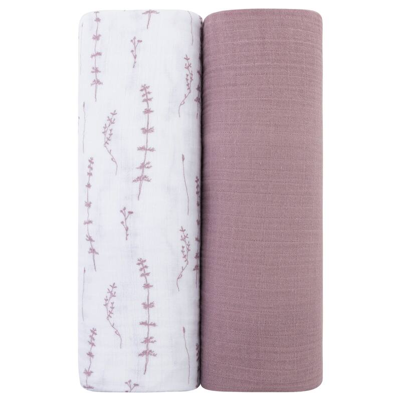 Ely's & Co. Cotton Muslin Swaddle Blanket - 2 Pack - 42"x42" - 0-24 months - Leaves/Lavender