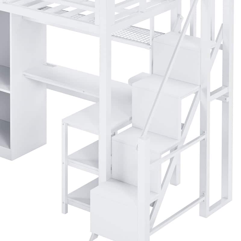 Full-Size Metal Loft Bed with Built-in Wardrobe, L-Shaped Desk, Charging Ports, and Multi-Layer Storage Shelves