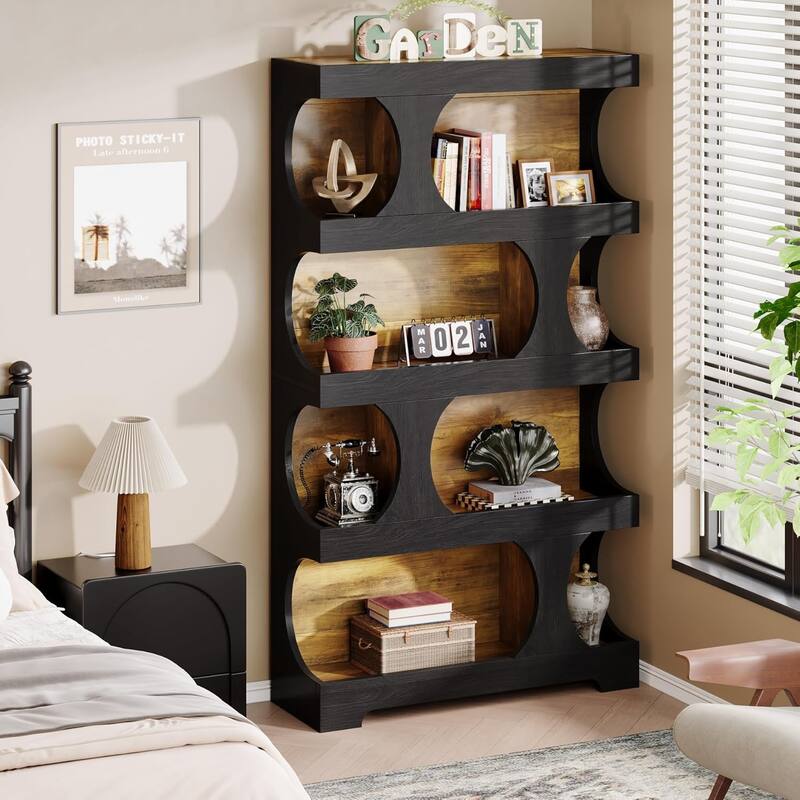 71 Inches Tall Bookcase, 4-Tier S-Shaped Bookshelf, Wood Decorative Storage Shelving