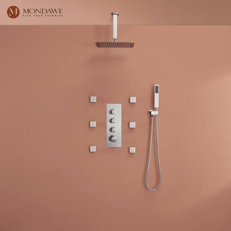 3 Functions Wall Mounted Thermostatic Shower System with Rough-in Valve - Brushed Nickel