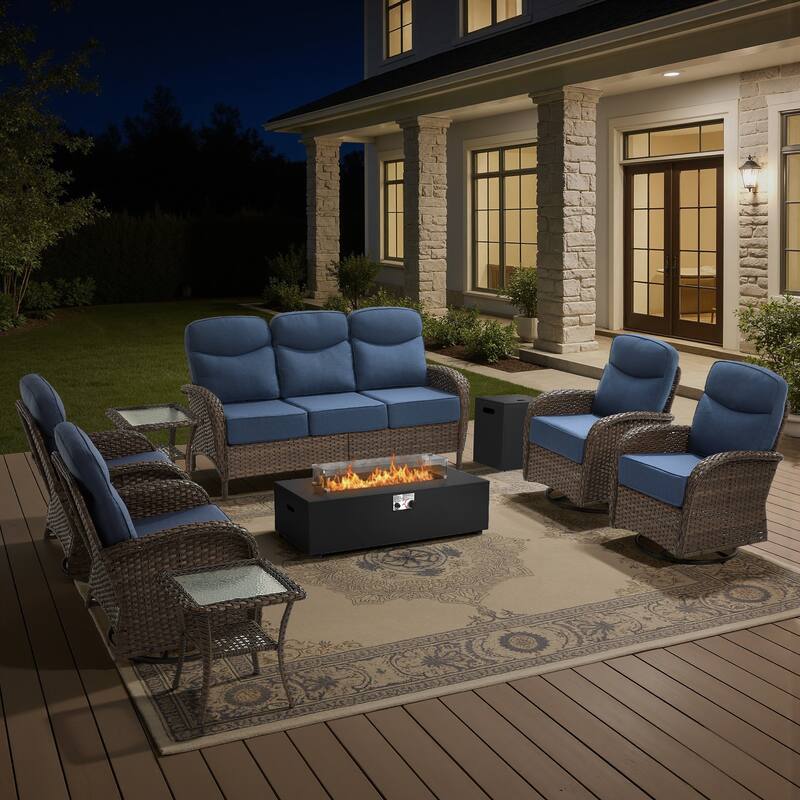 Luna 8-Piece Wicker Outdoor Patio Fire Pit Sofa Set with 6-Inch Thick Cushions - Navy Blue Cushions - Brown Wicker