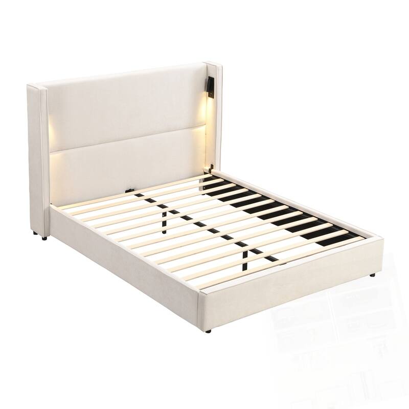 Upholstered Bed Frame with High Wingback Headboard Reading Lamp and USB port