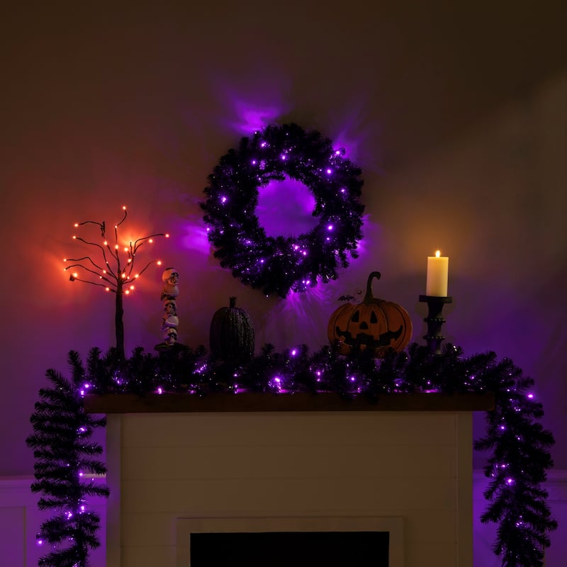 Pre-Lit Black Crystal Pine Artificial Halloween Garland - 9' x 12" - LED Purple