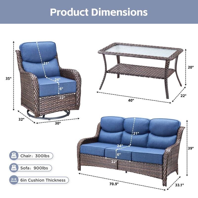 Arcadia 4-Piece Wicker Patio Conversation Set with Swivel Gliders and 6-Inch Thick Olefin Cushions