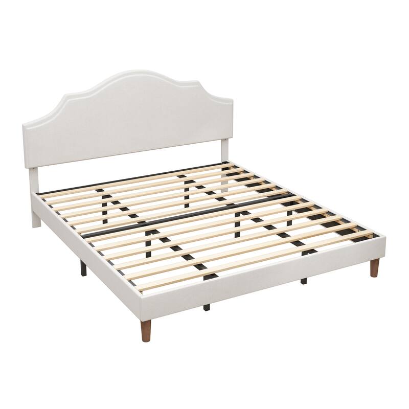 Modern Simple Linen Upholstered Bed Platform Bed Frame with Adjustable Curved Headboard and Wooden Legs for Bedroom, Guest Room