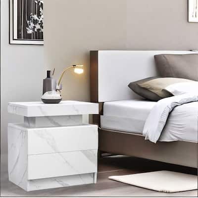 Modern Bedroom Nightstand with LED Lights Decoration and 2 Drawers