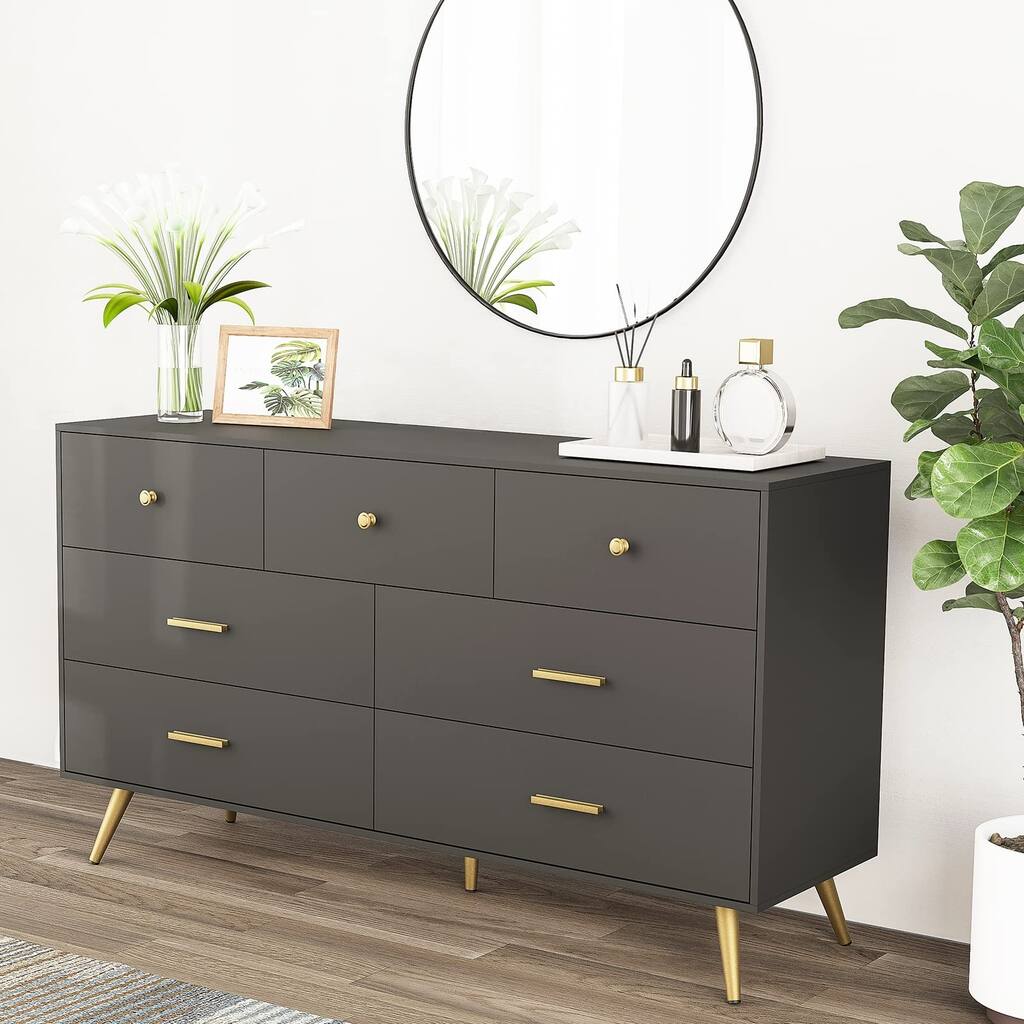 7 Drawer Dresser for Bedroom, Modern Black Wood Dresser with Wide Drawers and Metal Handles, Long Chest of Drawers