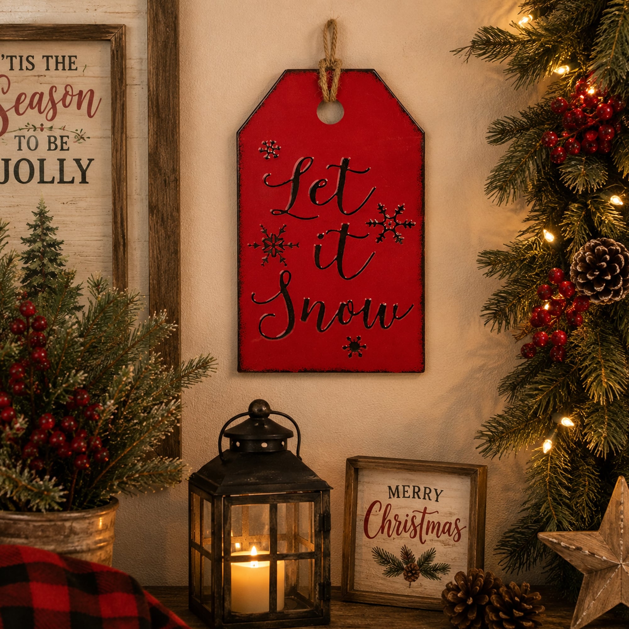 12.25" Red Black Metal Distressed "Let It Snow" Christmas Wall Decor