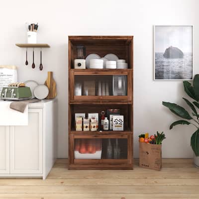 Modern 4-Tier Glass Door Bookcase, 61.8" Tall Wood Storage Cabinet with Flip-Up Doors, Living Room Standing Book Cabinet