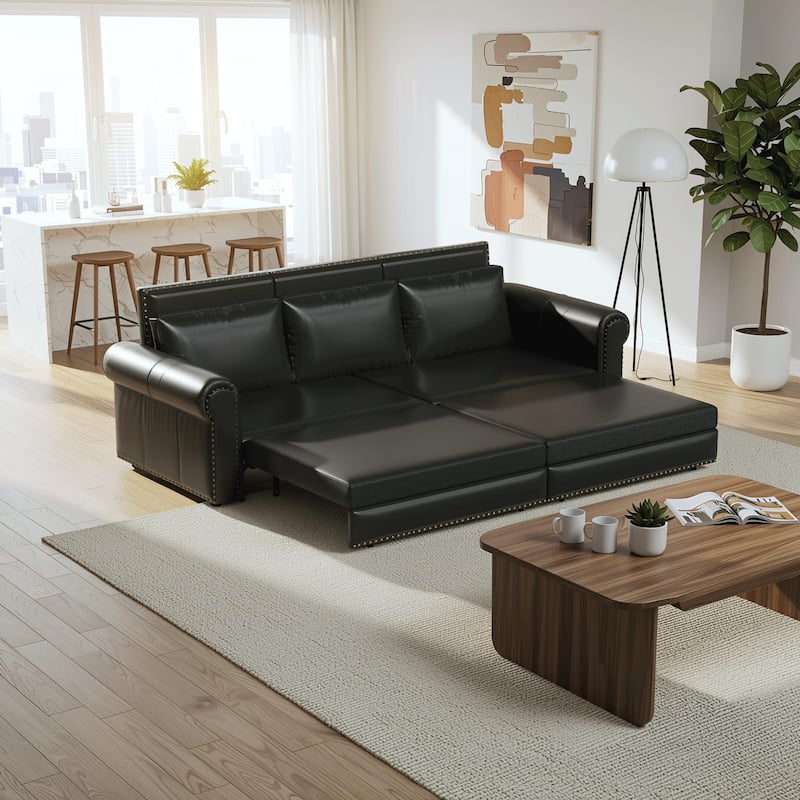 Homy Casa Faux Leather Pull-Out Sofa Bed, 2-in-1 Convert Sleeper Couch