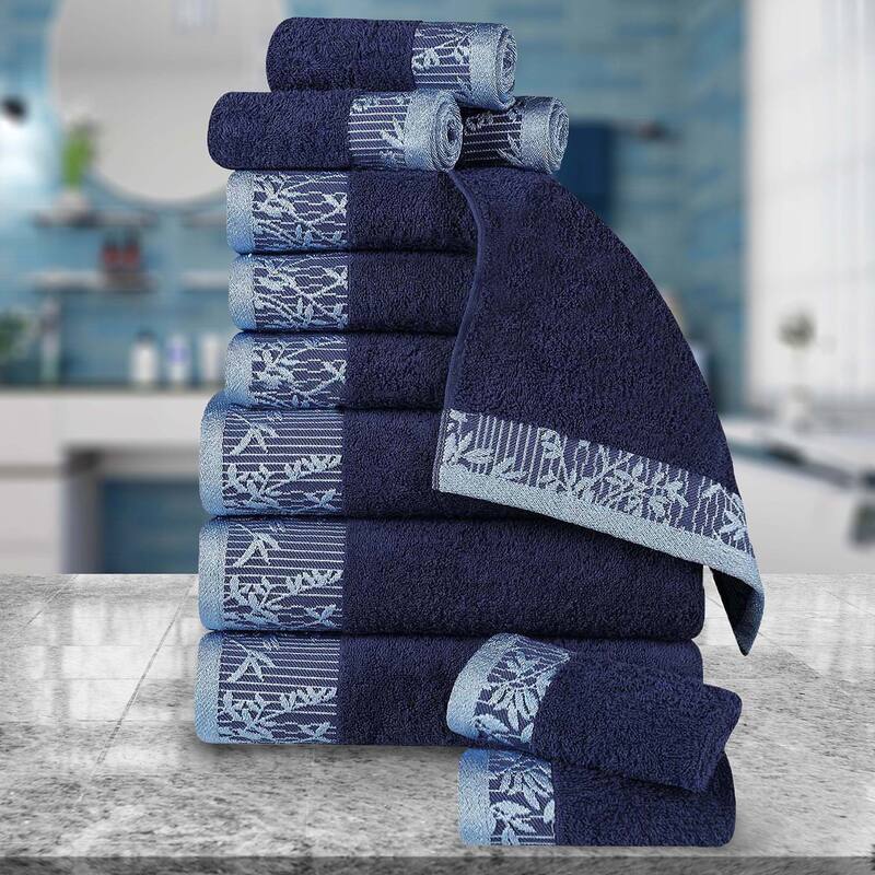 Superior Wisteria Cotton Floral Jacquard 12 Piece Bathroom Towel Set - Navy Blue