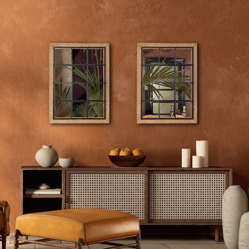 Glitzhome Set of 2 Farmhouse Wooden/Metal Windowpane Wall Mirrors Home Accents - 23.5"L x 31.5"H
