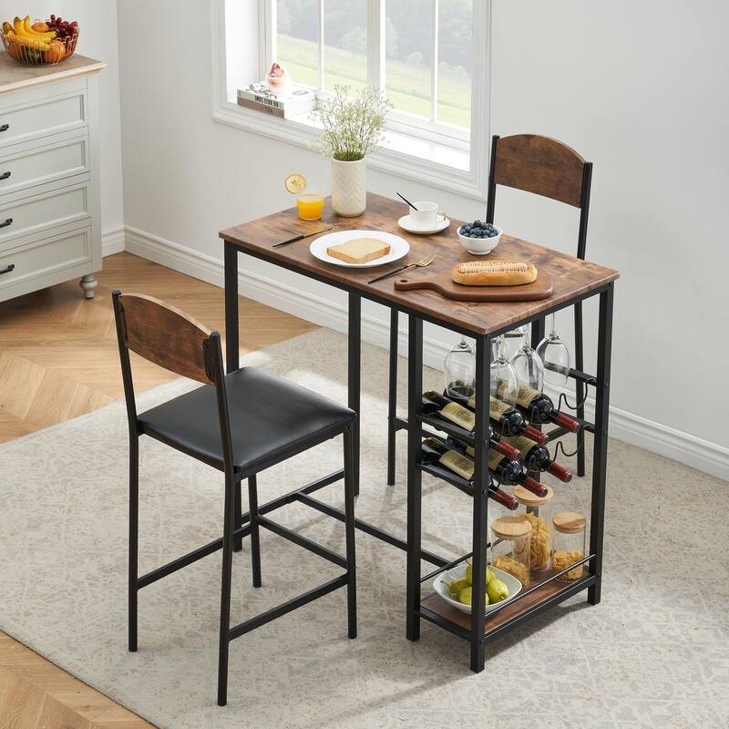 Bar Table Set of 2 with Footrest, Kitchen Dining Table with 2 Upholstered Chairs