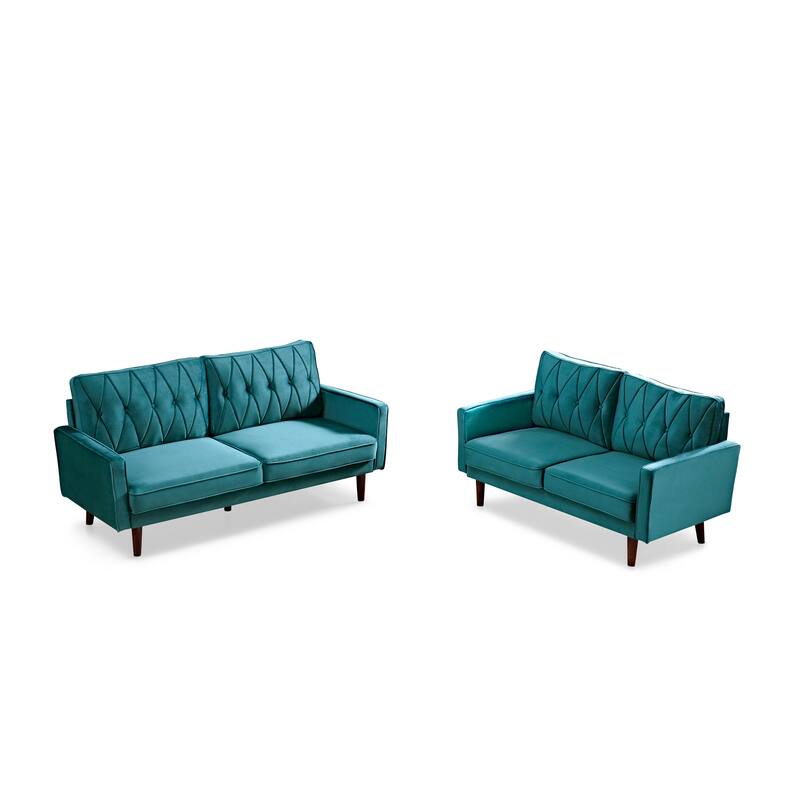 Feemster Velvet Tufted Cushion Back 2Pcs Living Room Set - Blue-Green