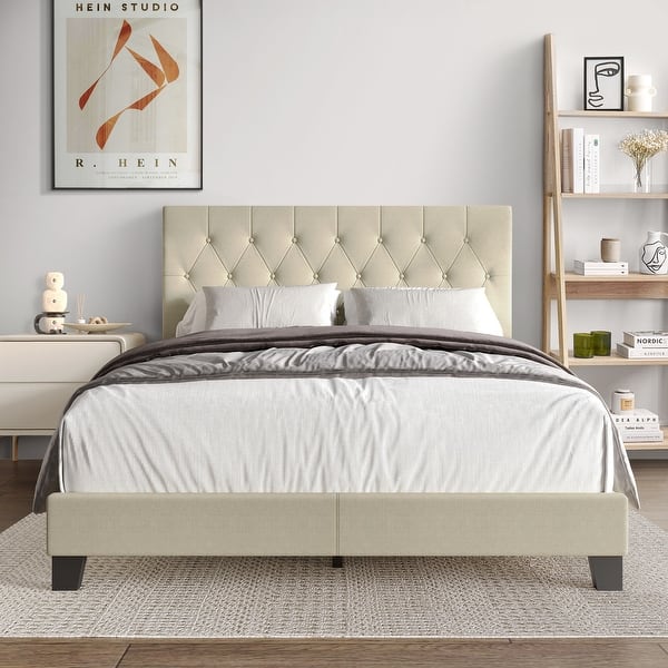 slide 2 of 20, CraftPorch Simple Button Tufted Linen Upholstered Bed