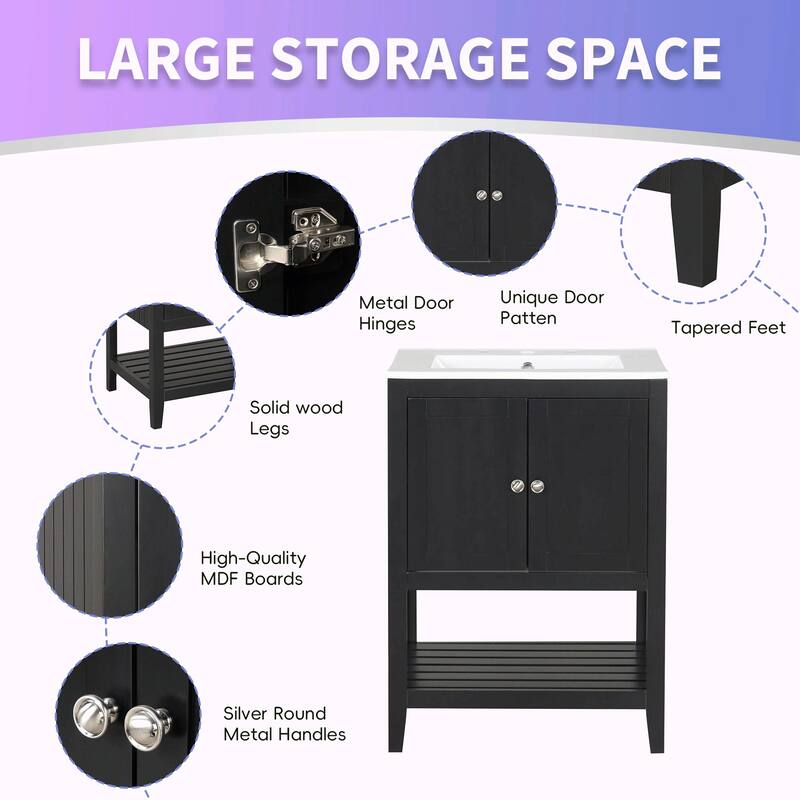 24" Bathroom Vanity with Ceramic Sink and Open Shelf