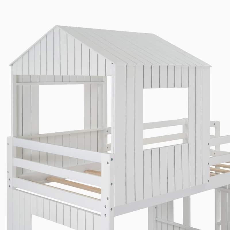 Wooden Twin Over Full Bunk Bed, Loft Bed with Playhouse, Farmhouse, Ladder and Guardrails