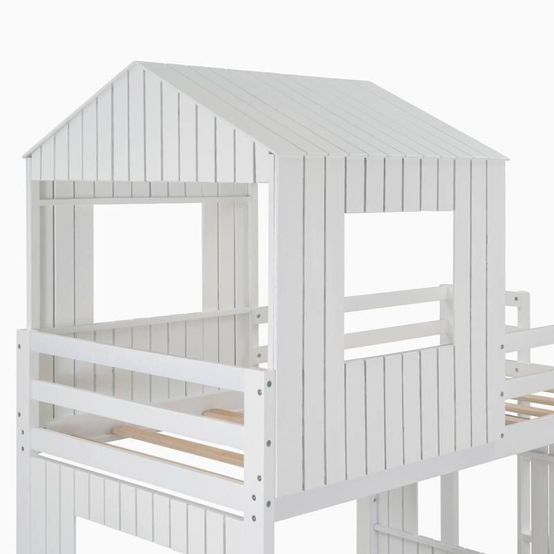 Wooden Twin Over Full Bunk Bed with Playhouse Design, Loft Bed with Ladder and Guardrails, Farmhouse Style