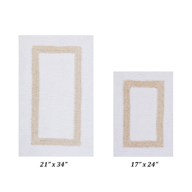 Better Trends Hotel Collection in Race Track 100% Cotton Super Absorbent Reversible Double Sided Machine Washable Bath Mat Rug - 2 Piece Set (17" x 24" | 21" x 34") - White & Sand