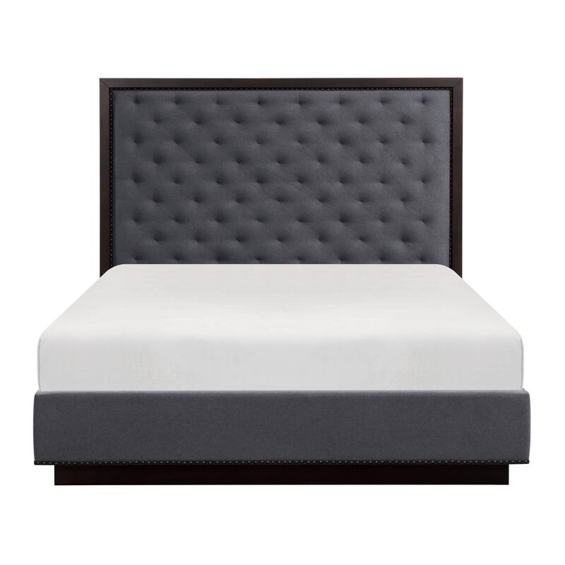 Tey Queen Size Bed with Button Tufted Headboard, Gray Fabric, Ash Veneer