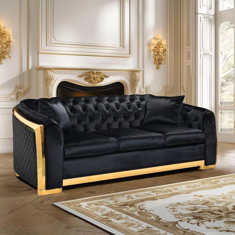 89 Inch Velvet Chesterfield Sofa, 3 Seater Tufted Couch Luxury Modern Upholstered Sofa - Black