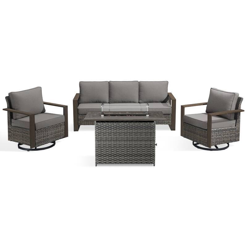 Meyreso Wicker Outdoor Patio Fire Pit Set with Swivel Gliders & 4.5" Olefin Cushions