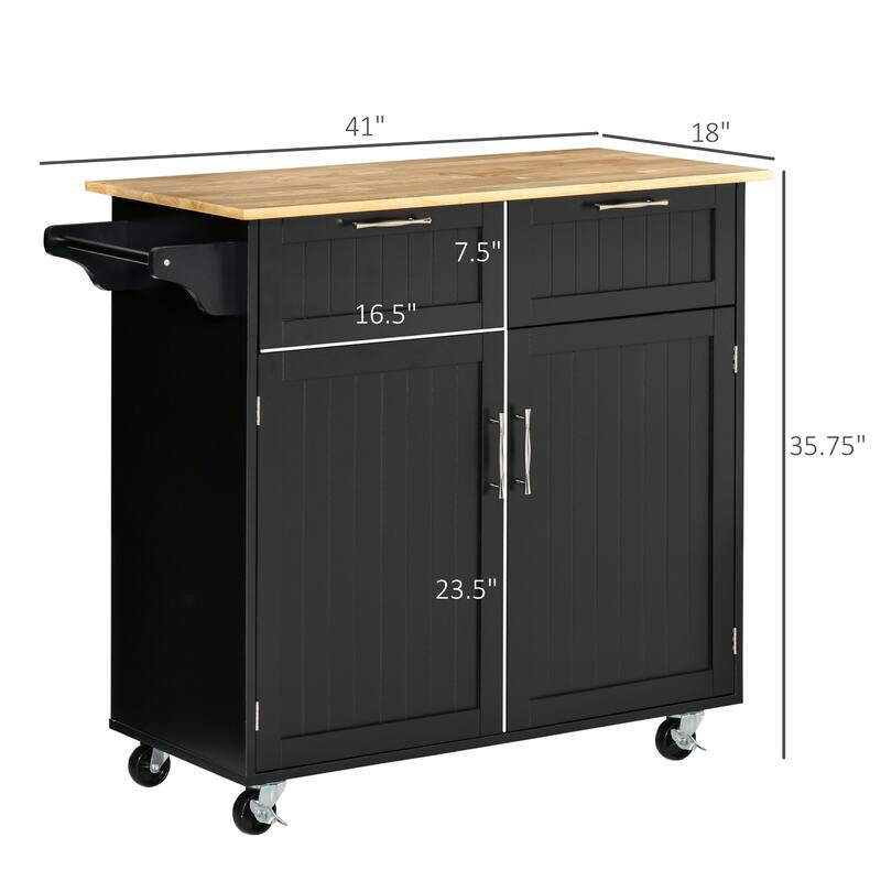41" Modern Rolling Kitchen Island on Wheels, Utility Cart Storage Trolley with Rubberwood Top & Drawers