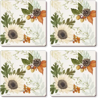 Farmhouse Fall Decorative Hardboard Cork Backed Coasters 4 Pack Layered Construction Heat Tolerant Easily Wipes Clean