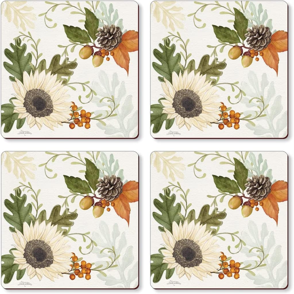 Farmhouse Fall Decorative Hardboard Cork Backed Coasters 4 Pack Layered Construction Heat Tolerant Easily Wipes Clean
