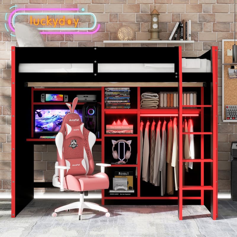 All-in-one Full Size Wood Loft Bed for Gaming & Workspace with Desk, Open Wardrobe, Storage Compartments and RGB Light Strip - Red - Full