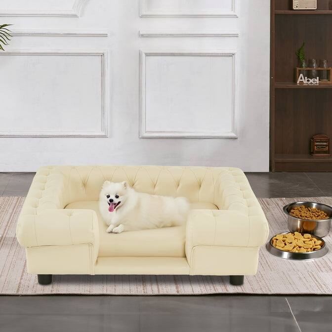 MCombo Pet Sofa Bed with Small Stairs, Faux Leather 6321 - 38.2" x 30.3" - Cream White