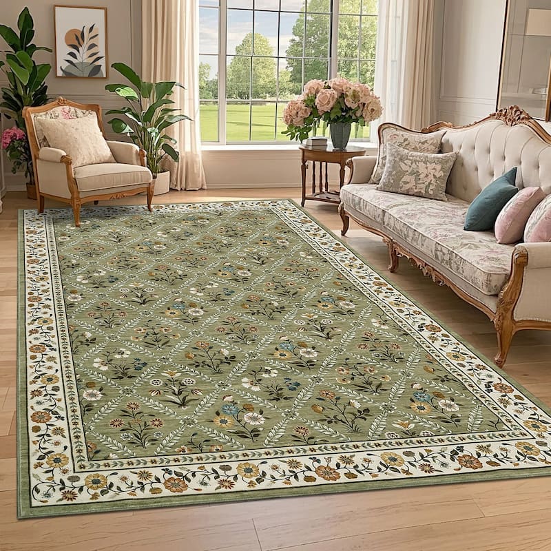 Floral Area Rugs for Living Room Bedroom Soft Farmhouse Washable Rug Non-Slip Low Pile Accent Carpet - 8'x10' - Green