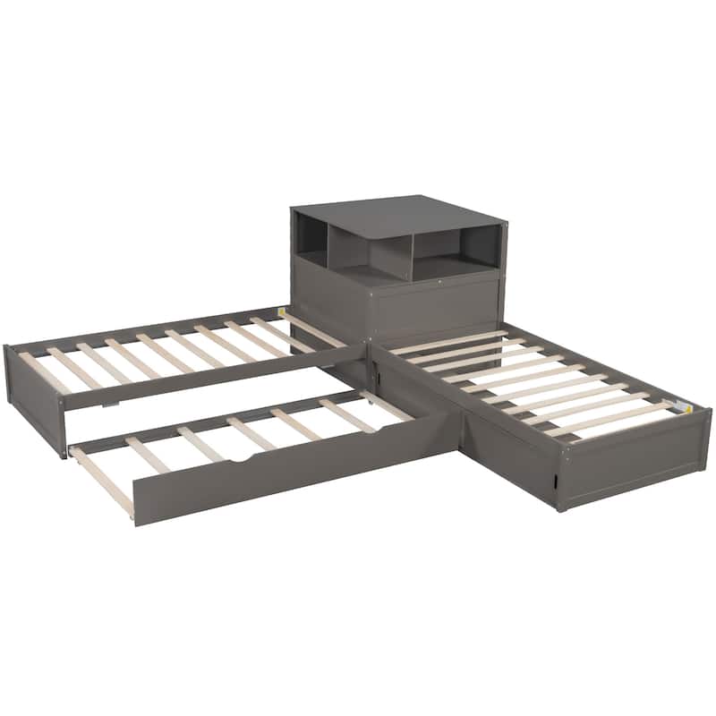 Twin Size L-shaped Bed Frame with Trundle Bed and Storage Cabinets, Desk, Lighting, Corner Platform Storage Bed Frame