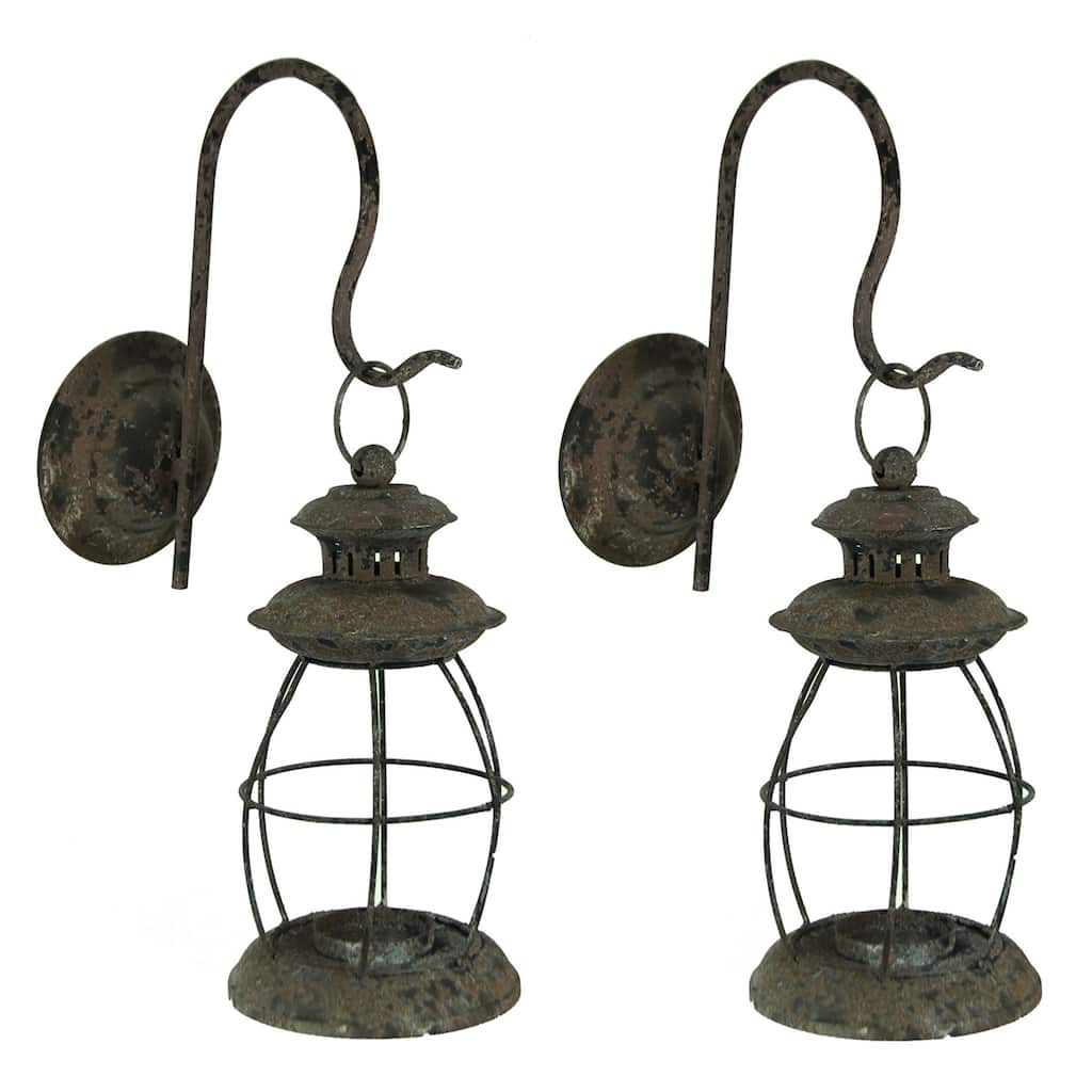 Set Of 2 Distressed Black Wall-Mounted Metal Candle Sconces Lanterns - 16.25 X 9.5 X 5 inches