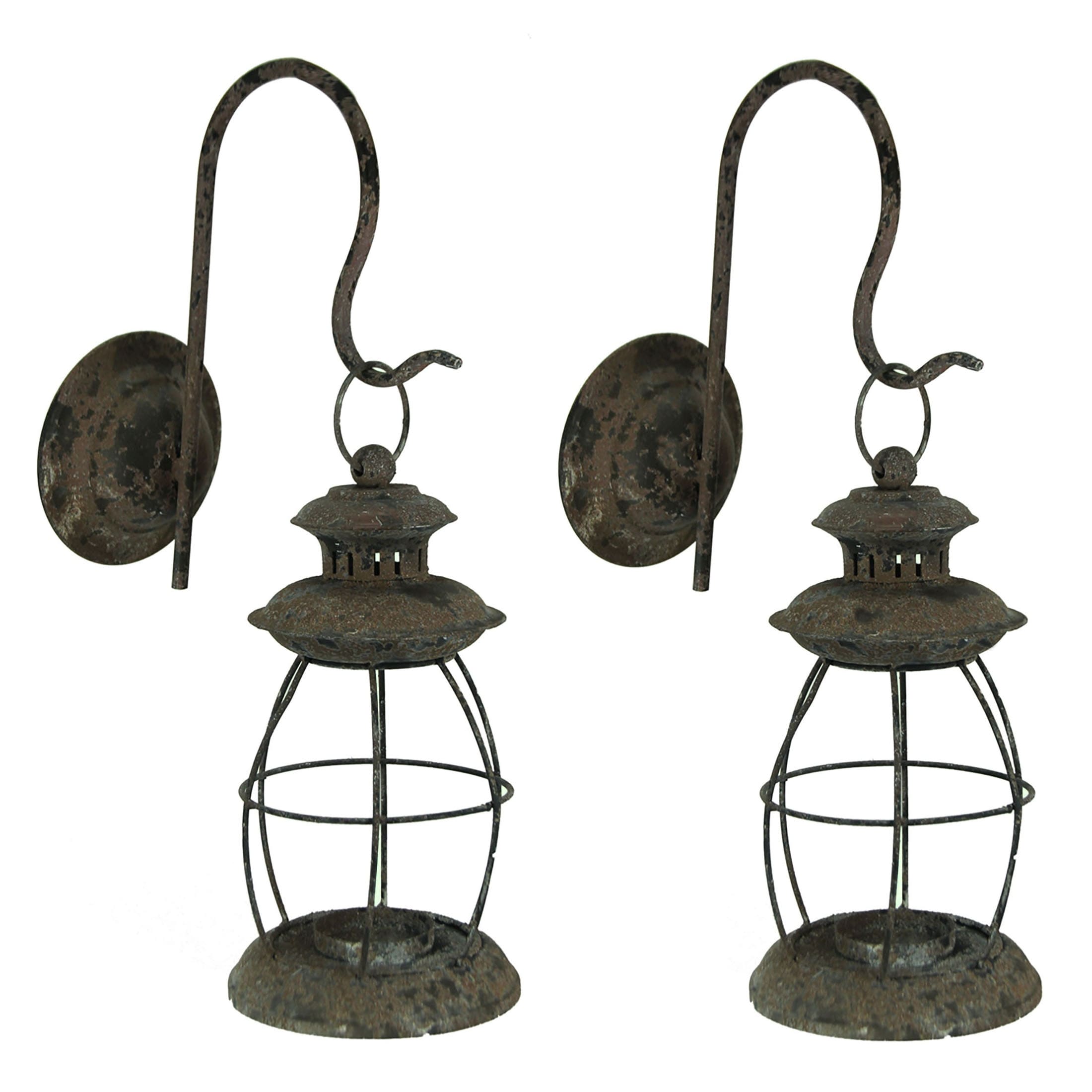 Set Of 2 Distressed Black Wall-Mounted Metal Candle Sconces Lanterns - 16.25 X 9.5 X 5 inches