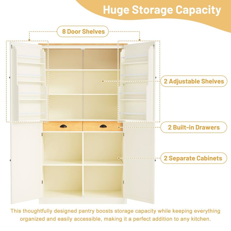 Kitchen Pantry with 2 Drawers, 2 Adjustable Shelves and 8 Door Shelves